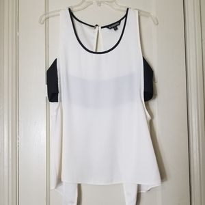 EXPRESS cream white black trim backless sleeveless asymmetrical hem blouse